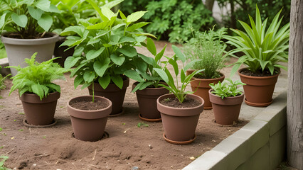 Variety Of Lush Green Plants In Terracotta Pots Arranged On Soil Ground Next To A Wooden Fence.