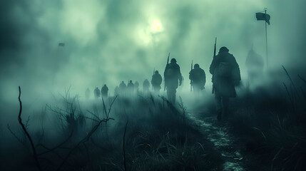 Silhouetted Soldiers Marching In Fog With A Dimly Lit Flag In The Background. - obrazy, fototapety, plakaty