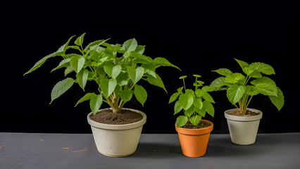 Three Different-Sized Plants With Vibrant Green Leaves In Beige And Orange Pots Against A Dark