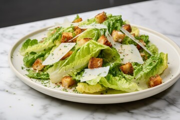 Macro view photography of a juicy caesar salad on a marble slab against a white marble background. AI Generation