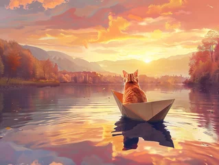 Cercles muraux Couleur saumon A carefree cat sailing on a paper boat across a serene lake surrounded by a picturesque landscape at sunset