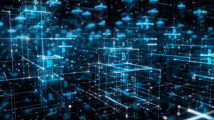 Obraz premium Bitcoin Blockchain Network Visualization with Iconic Graphics
