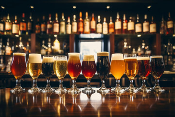 Variety of Beers in Elegant Glasses on Bar - obrazy, fototapety, plakaty