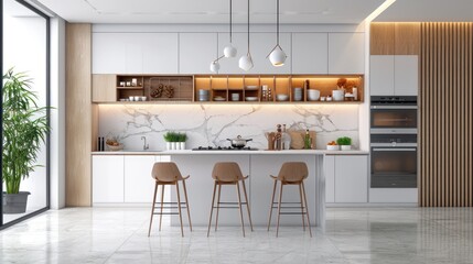 Elegant bright contemporary white ceramic kitchen room interior with wooden bar chair and dining room. Scandinavian domestic kitchen