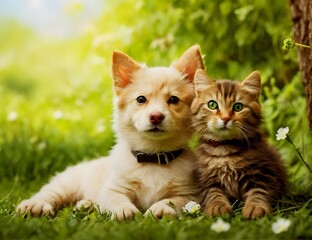 Cute dog and cat together on a green grass field. generative AI