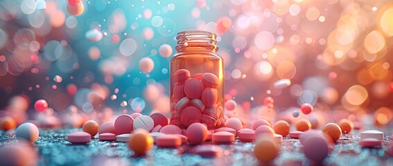 colorful pills all over a bottle of jar, in the style of darktable processing, colourful. Generative AI. - obrazy, fototapety, plakaty
