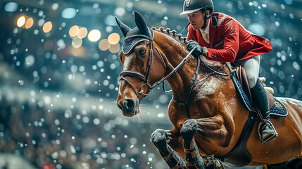 Focused Rider In Red Jacket Competing In Show Jumping Event On Bay Horse Amidst Falling Snowflakes. - obrazy, fototapety, plakaty