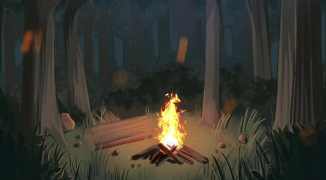 video of a fire burning with bamboo in the middle of the forest at night