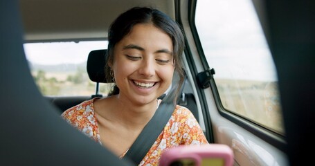 Woman, phone and road trip in car with laugh, meme and comic video on internet on road for travel....