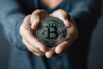 A person holding a physical bitcoin