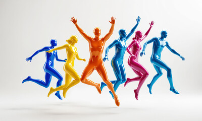 Group of colorful happy excited people figures jumping in air on white. Diversity, multicultural society, unity