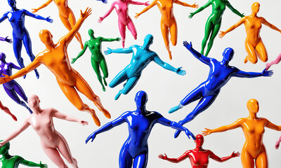 Crowd of colorful glossy people figures floating in air on white. Diversity, multicultural society, gender spectrum - obrazy, fototapety, plakaty