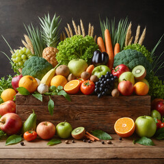 Organic farm wooden product placement podium with diversity vegetables, fruits, grains and nuts