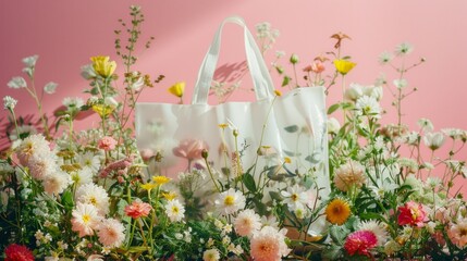 A stylish white tote bag standing upright surrounded by a lush, diverse collection of colorful wildflowers on a pink background