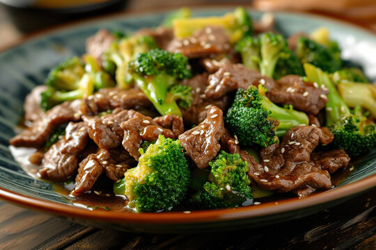 A plate of beef and broccoli, a dish of American Chinese cuisine consisting of sliced beef and broccoli florets stir-fried with a sauce
