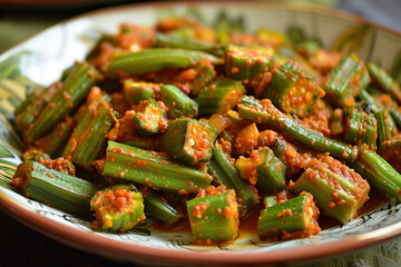 A plate of bhindi masala, a vegetarian dish made with okra in a spicy tomato-based sauce