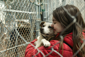 Pet Adoption: Family adopting a furry friend from a shelter, cuddles and new beginnings.
