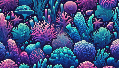 Fototapeta na wymiar Vibrant illustration of a coral reef ecosystem, rendered in striking neon colors against a dark background, highlighting diverse marine flora. Marine biology and environmental conservation themes. 