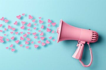 Conceptual image of a pink megaphone with small pink hearts floating out, symbolizing love and communication - Powered by Adobe