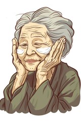 Sketch illustration. An old Asian woman applies cream to her face. Old age. on a white background