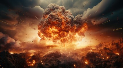 Big explosion with smoke and ash, armageddon, apocalypse. Eruption. Explosion of a nuclear bomb. Mushroom cloud. Bomb detonation. Attack, war, end of the world. A 3D realistic illustration was created - obrazy, fototapety, plakaty