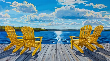 Muskoka or Adirondack Chairs at the end of a pier overlooking a large blue lake with a blue sky yellow  - obrazy, fototapety, plakaty