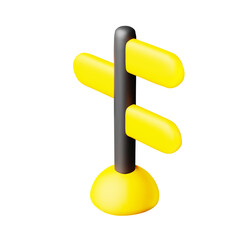 3D Cartoon Yellow Direction Sign with Black Pillar Isolated on White Background. Blank Signboard on Road. Concept of Choosing Destination for Travel, Trip or Journey. Vector Illustration of 3D Render.