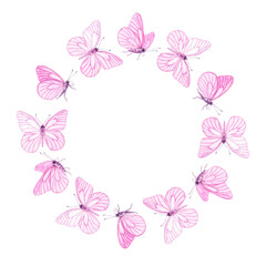 Painted pink butterfly wreath frame. Hand drawn illustration isolated background. Round border. Painted insect with wings elements. For greeting cards, banner, invitation
