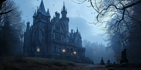 Gothic castle at twilight with mist and crows. Spooky Halloween theme