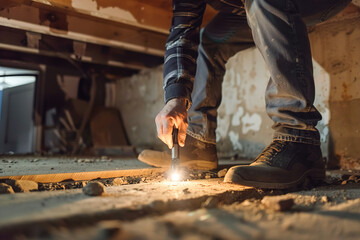 Property inspection: A home inspector examining the foundation of a house with a flashlight and tools during inspection.