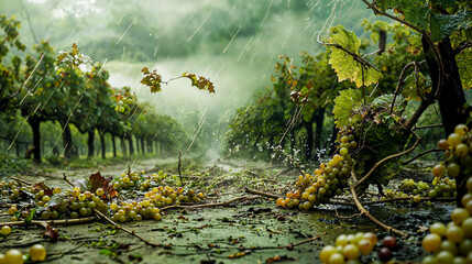des vignes détruites par un orage avec des grappes de raisins à terre - obrazy, fototapety, plakaty