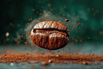 A roasted coffee bean suspended in mid-air with particles of ground coffee swirling around it.