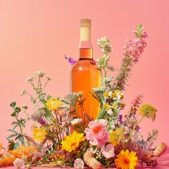 A bright floral arrangement surrounds a pale rose wine bottle on a pink background, evoking a springtime celebration