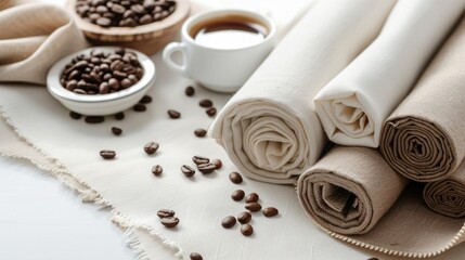 Obraz na płótnie Canvas Assorted burlap and cotton rolls with a bowl of coffee beans, creating a warm, rustic atmosphere. Fabric Made with Coffee Grounds, Coffee Fabric