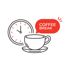 coffee break icon with red speech bubble. simple linear graphic banner design abstract logotype element isolated on white. concept of easy break at work or at home to drink a mug of hot tasty coffe