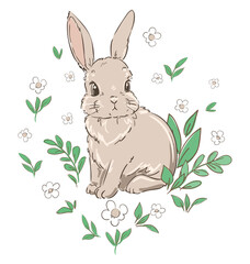 Vector Cute little Bunny and flowers hand drawn, Rabbit kids print