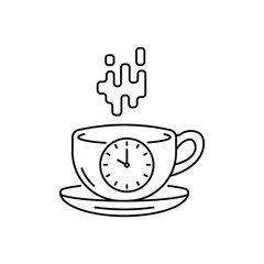 thin line coffee break icon with cup and clock. concept of easy break at work or at home to drink a mug of hot coffe. lineart graphic banner design or abstract logotype element isolated on white