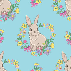 Hand Drawn Cute Rabbit and Flower blue background vector seamless, Little Bunny pattern Kids print.