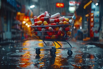 a shopping cart containing drugs and pills, in the style of colorful surrealist, gray and azure. Generative AI.
