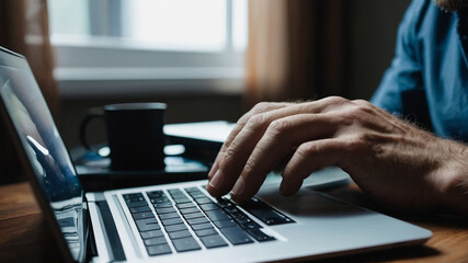 close-up of a man holding a laptop. Man at home doing remote work. notion of distant labor or networking. worldwide network of businesses.