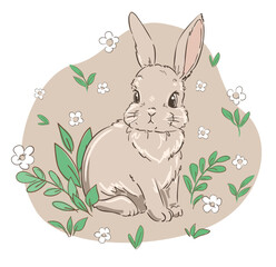 Vector Cute little Bunny and flowers hand drawn, Rabbit kids print