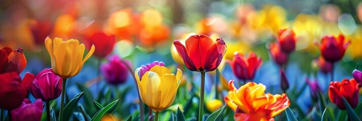 Vibrant colors of springtime tulip flowers garden - obrazy, fototapety, plakaty