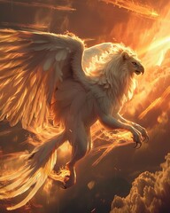 Sunflare griffin wings ablaze with solar flames soaring across a fiery sky casting brilliant sunlit shadows below