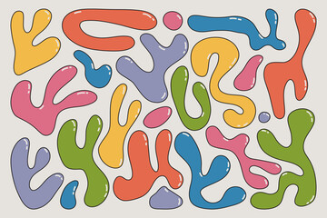 Abstract liquid wavy blob shapes. Organic colorful ink blotch and splash forms, minimal geometric random stains spots y2k style. Vector isolated set