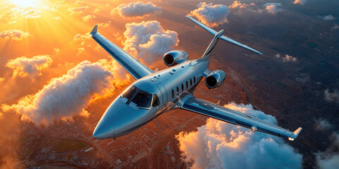 A private jet soars through a golden sunset sky above the clouds, symbolizing luxury and freedom.