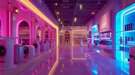 Fototapeta na wymiar High-Tech Electronic Store with Futuristic Neon Lighting. Generative ai
