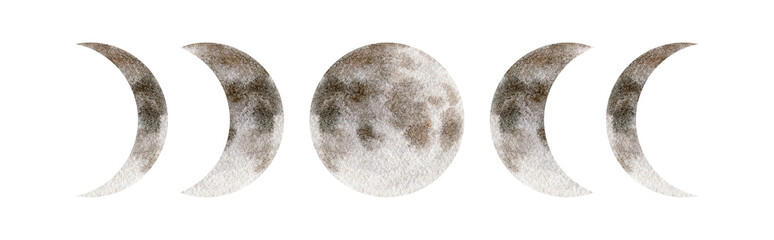 Moon phases watercolor art. Full moon , lunar calendar, astrology full moon symbol. Isolated asset. 