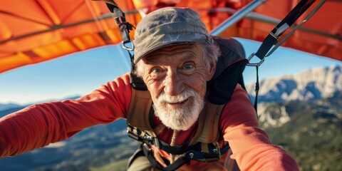 Senior man hang gliding clear sky mountainous background expression of freedom and exhilaration - obrazy, fototapety, plakaty