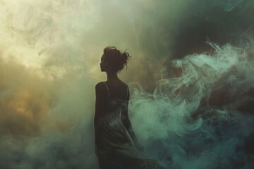 Silhouette of ethereal images beauty woman in the misty