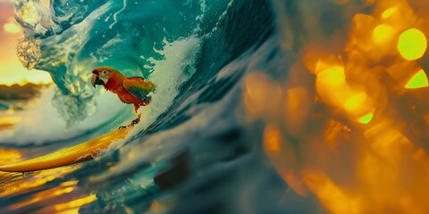Parrot Catching a Wave: Surreal Surfing Adventure. Generative ai